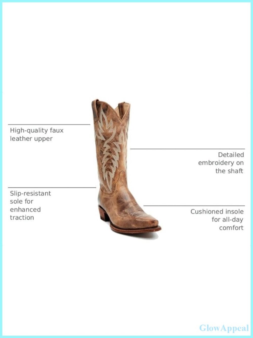 Faux Leather Cowboy Boots Embroidered Chunky Heel Mid Calf Pull On - Picture 2 of 6